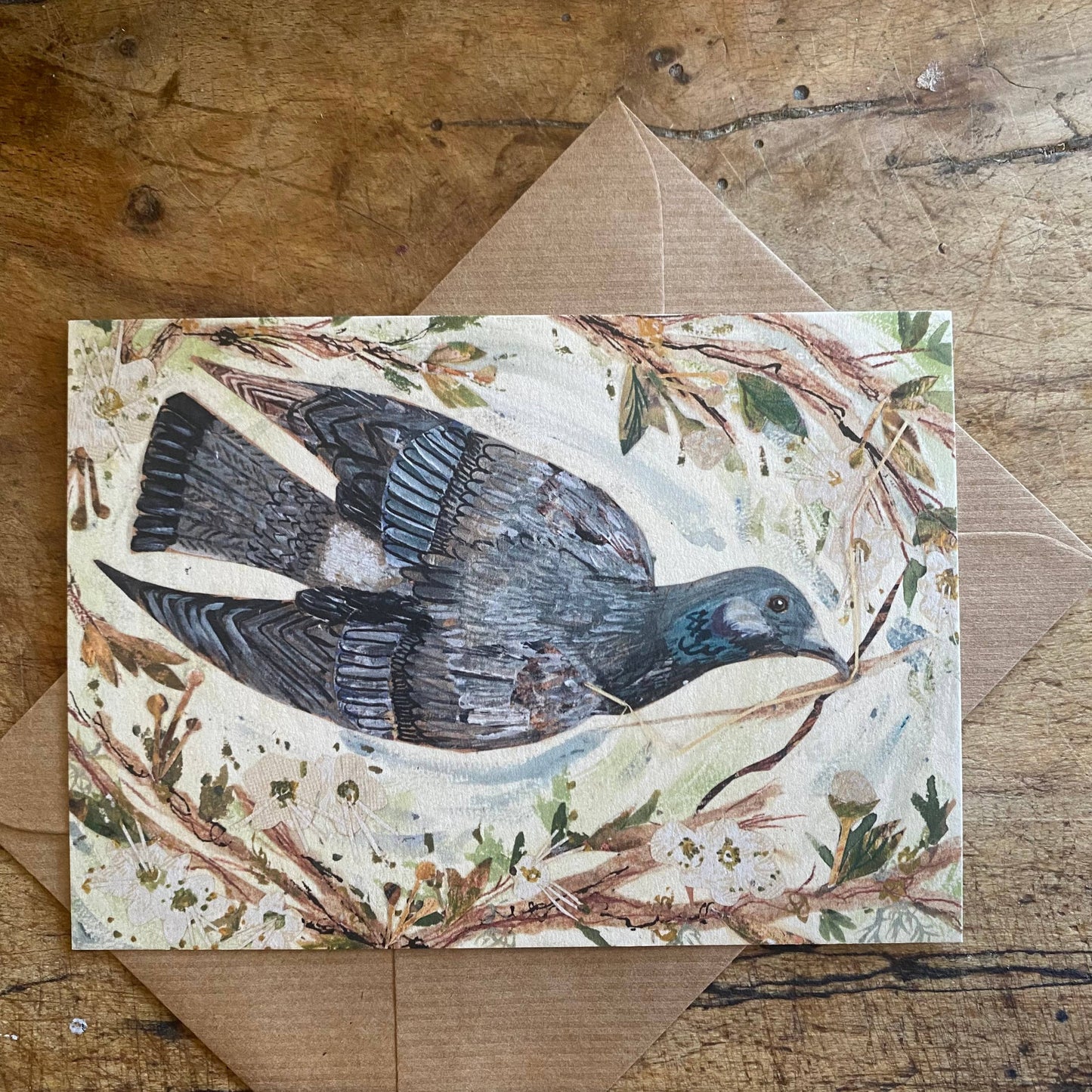 A6 Pigeon in the blossom postcard